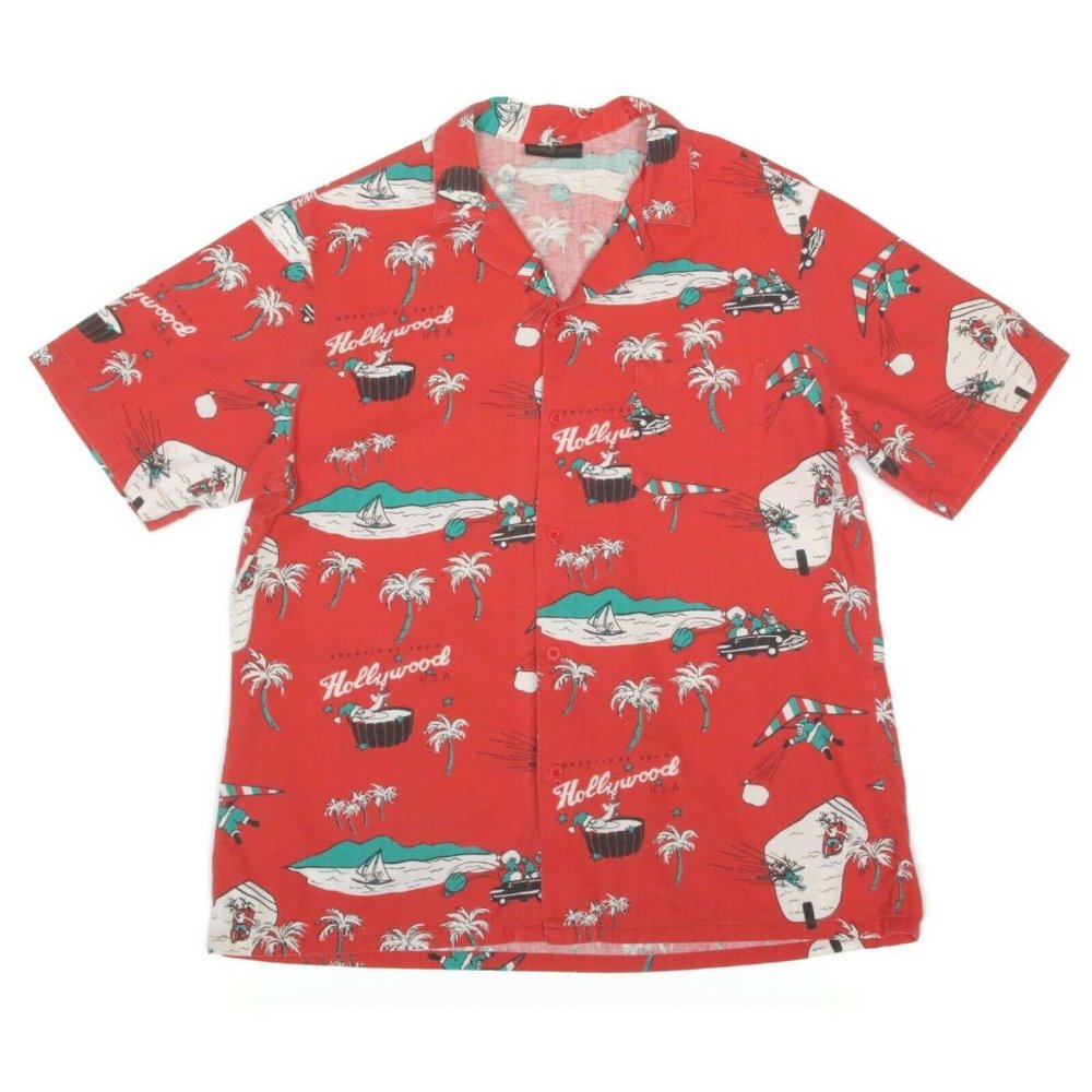 Vintage Hawaiian Shirt Hollywood Palm Trees Tiki Red Aloha Boundary size L - 724